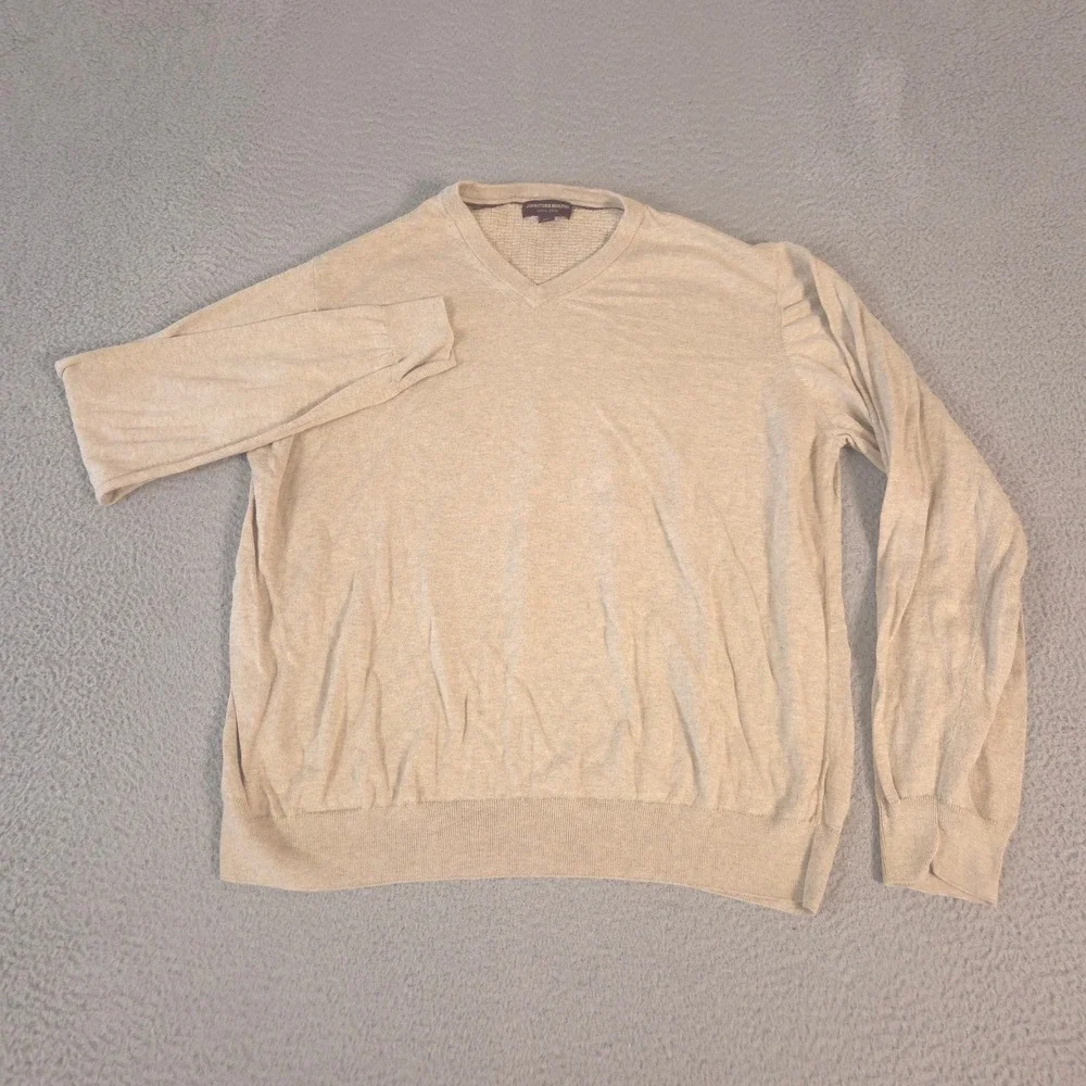 Johnston & Murphy Sweater Mens XXL Beige 100% Pima Cotton V-Neck Pullover Knit
